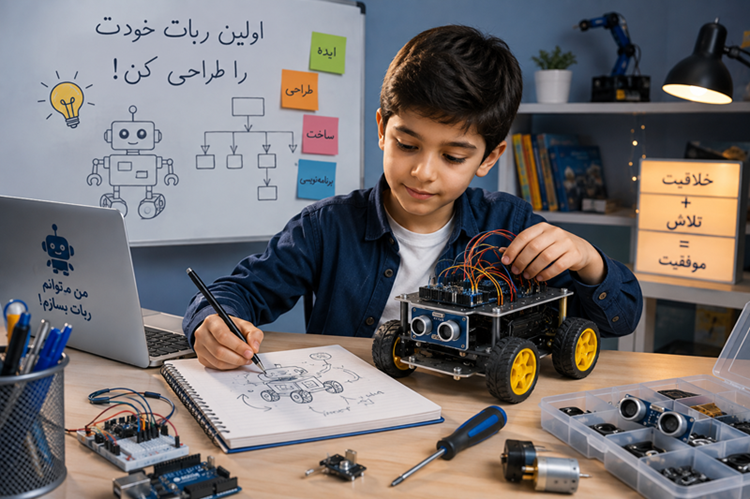 کودک در حال طراحی اولین ربات